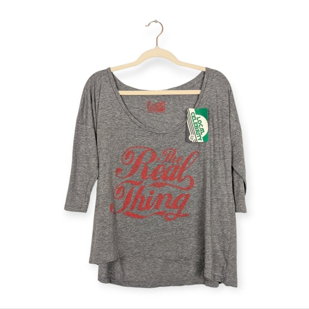 Local Celebrity The Real Thing Tee M Gray Scoop Neck Graphic Casual NWT